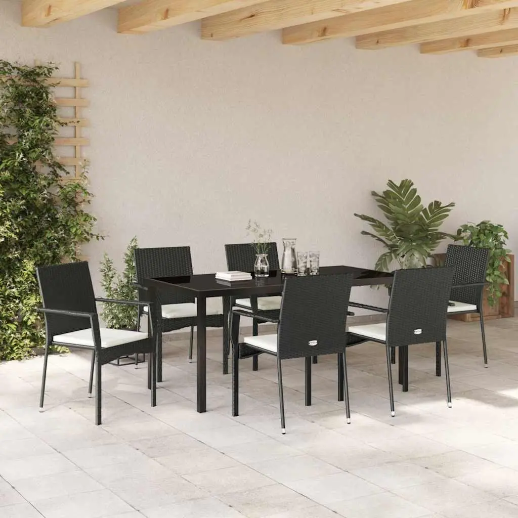 Outdoor Garden Dining Set 7 Pieces Black Poly Rattan Tempered Glass Table Chairs