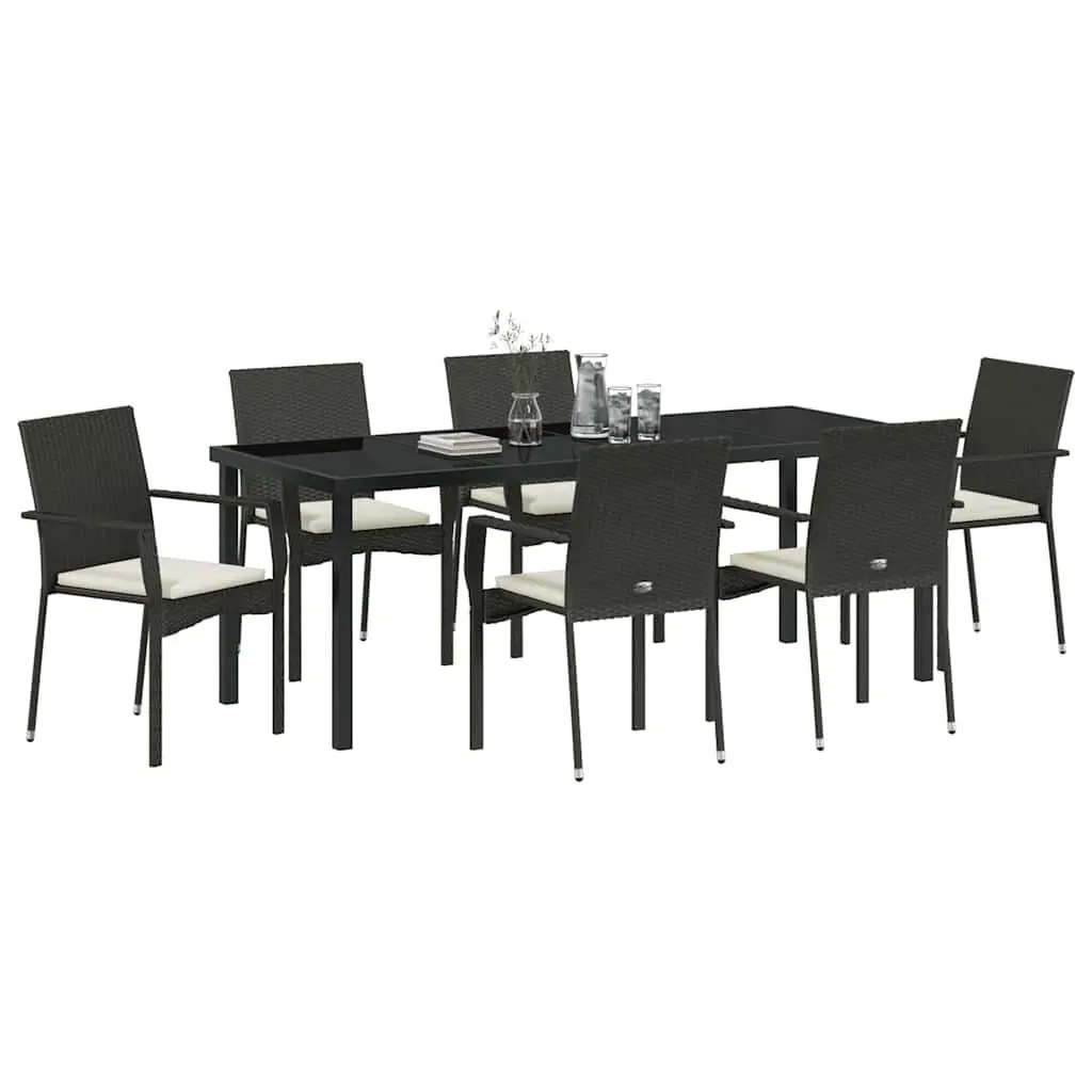 Outdoor Dining Set 7 Piece Black Poly Rattan Garden Furniture Tempered Glass Table