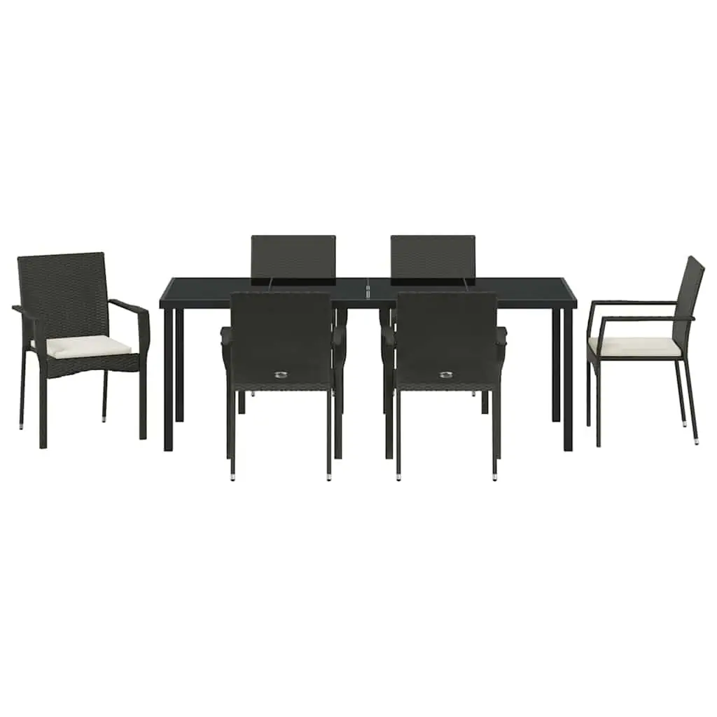 Outdoor Dining Set 7 Piece Black Poly Rattan Garden Furniture Tempered Glass Table