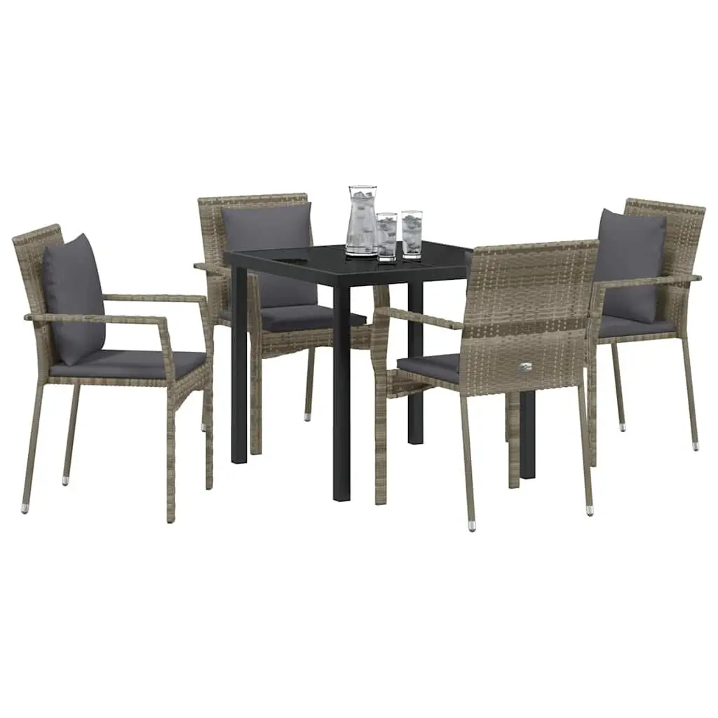 Outdoor Garden Dining Set 5 Pieces Grey Poly Rattan Tempered Glass Table Chairs