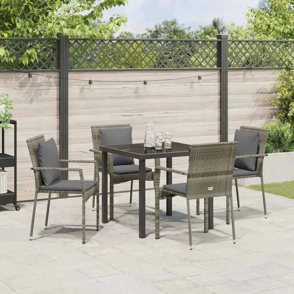 Outdoor Garden Dining Set 5 Pieces Grey Poly Rattan Tempered Glass Table Chairs