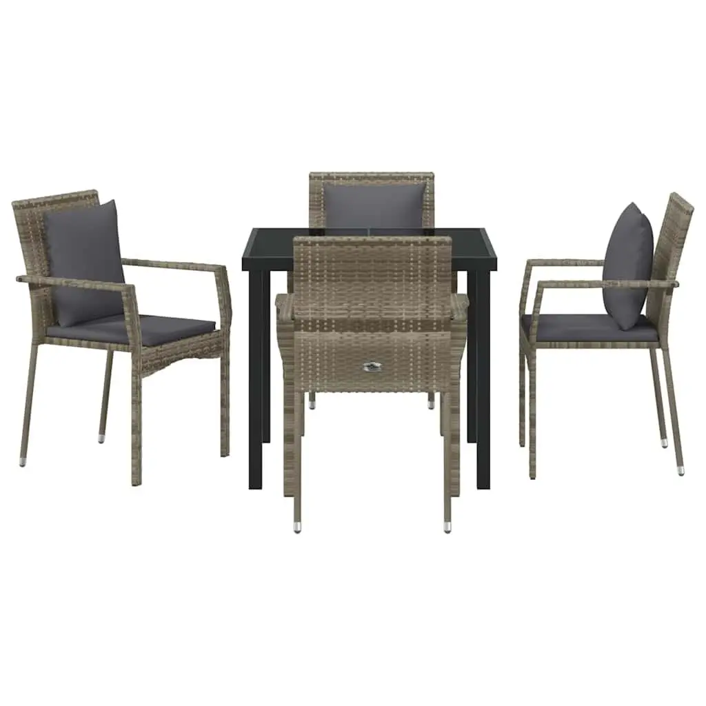 Outdoor Garden Dining Set 5 Pieces Grey Poly Rattan Tempered Glass Table Chairs