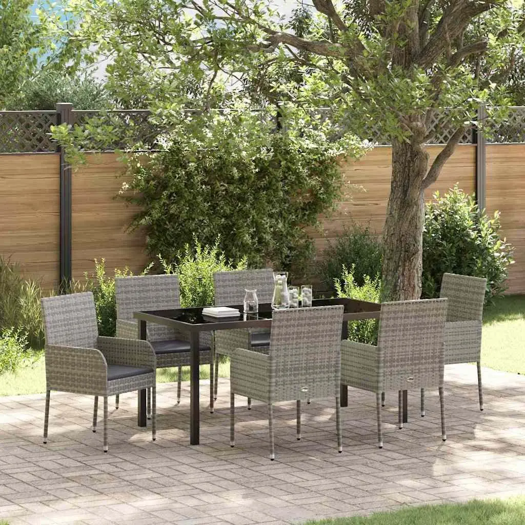 Outdoor Dining Set 7 Pieces Grey Poly Rattan with Cushions for Garden and Patio Furniture