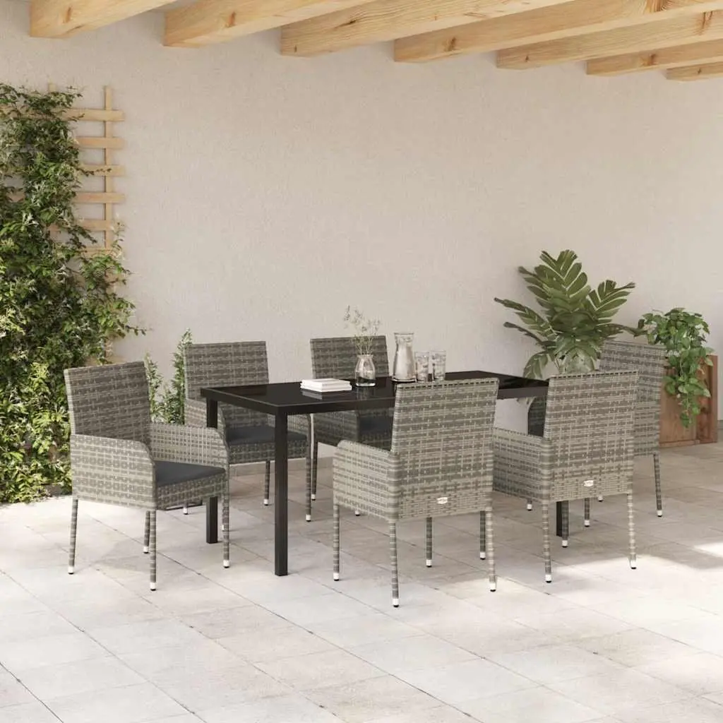 Outdoor Dining Set 7 Pieces Grey Poly Rattan with Cushions for Garden and Patio Furniture