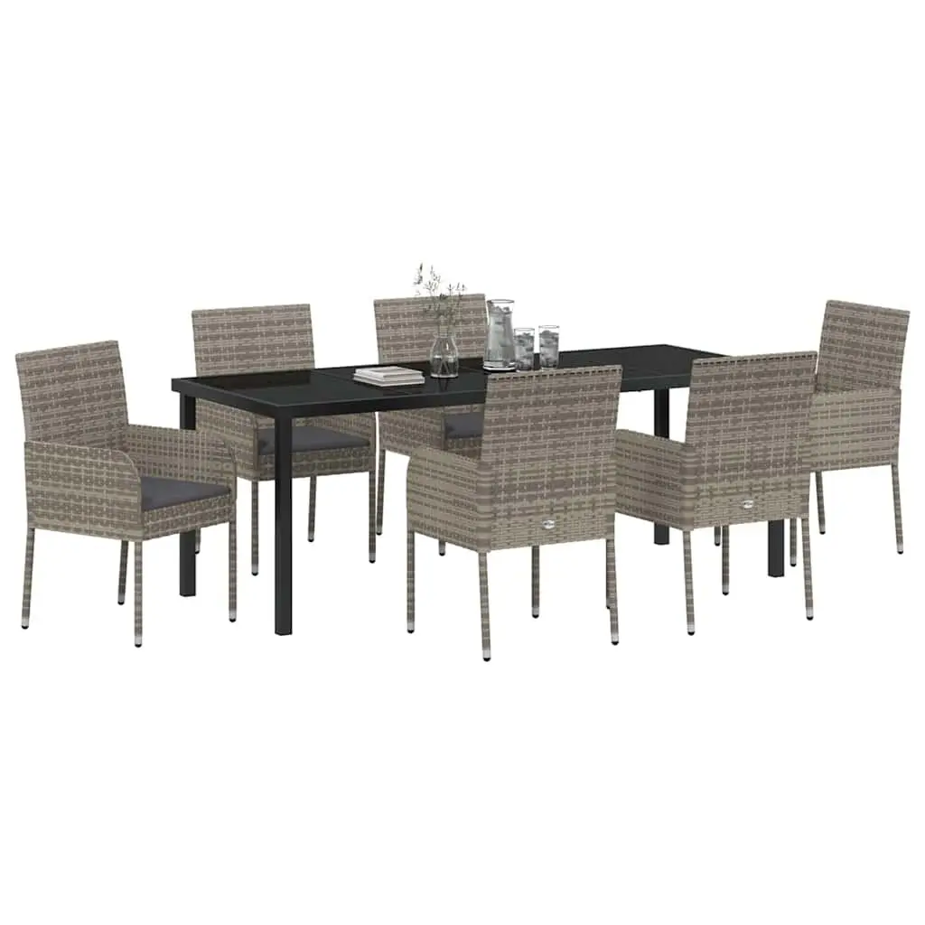 7-Piece Garden Dining Set Grey Poly Rattan Outdoor Furniture with Cushions