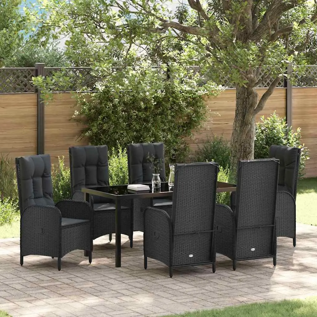 7 Piece Patio Furniture Set Black Poly Rattan Outdoor Dining Table and Chairs with Cushions