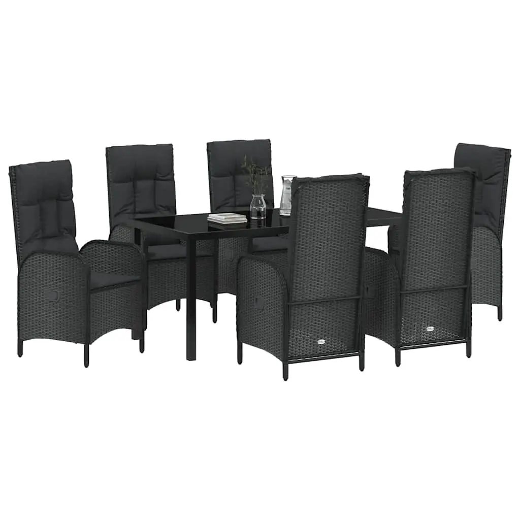 7 Piece Patio Furniture Set Black Poly Rattan Outdoor Dining Table and Chairs with Cushions