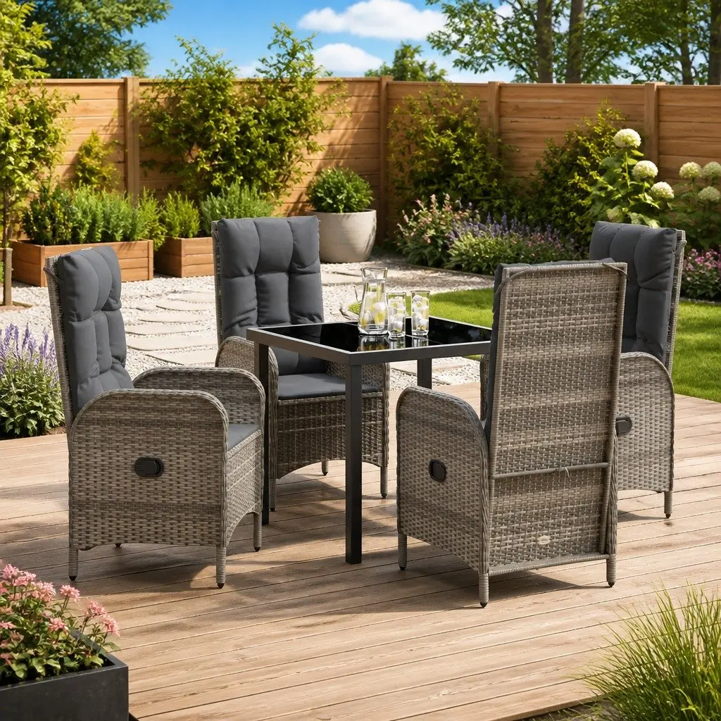 Outdoor Patio Furniture Set 5 Piece Dining Grey Poly Rattan with Cushions