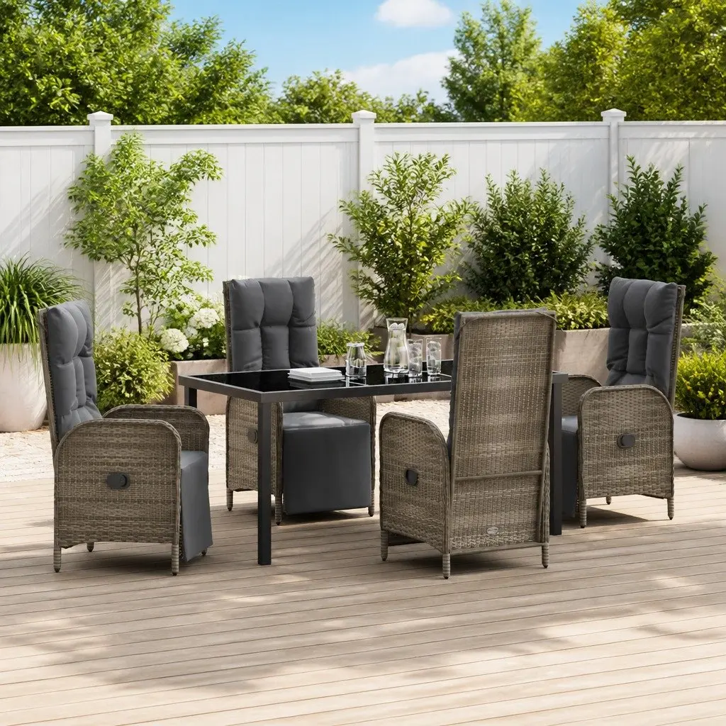5 Piece Garden Dining Set Grey Poly Rattan Cushions Outdoor Furniture