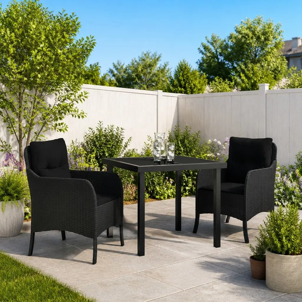 3 Piece Black Garden Furniture Set for Outdoor Dining with Cushions and Tempered Glass Table