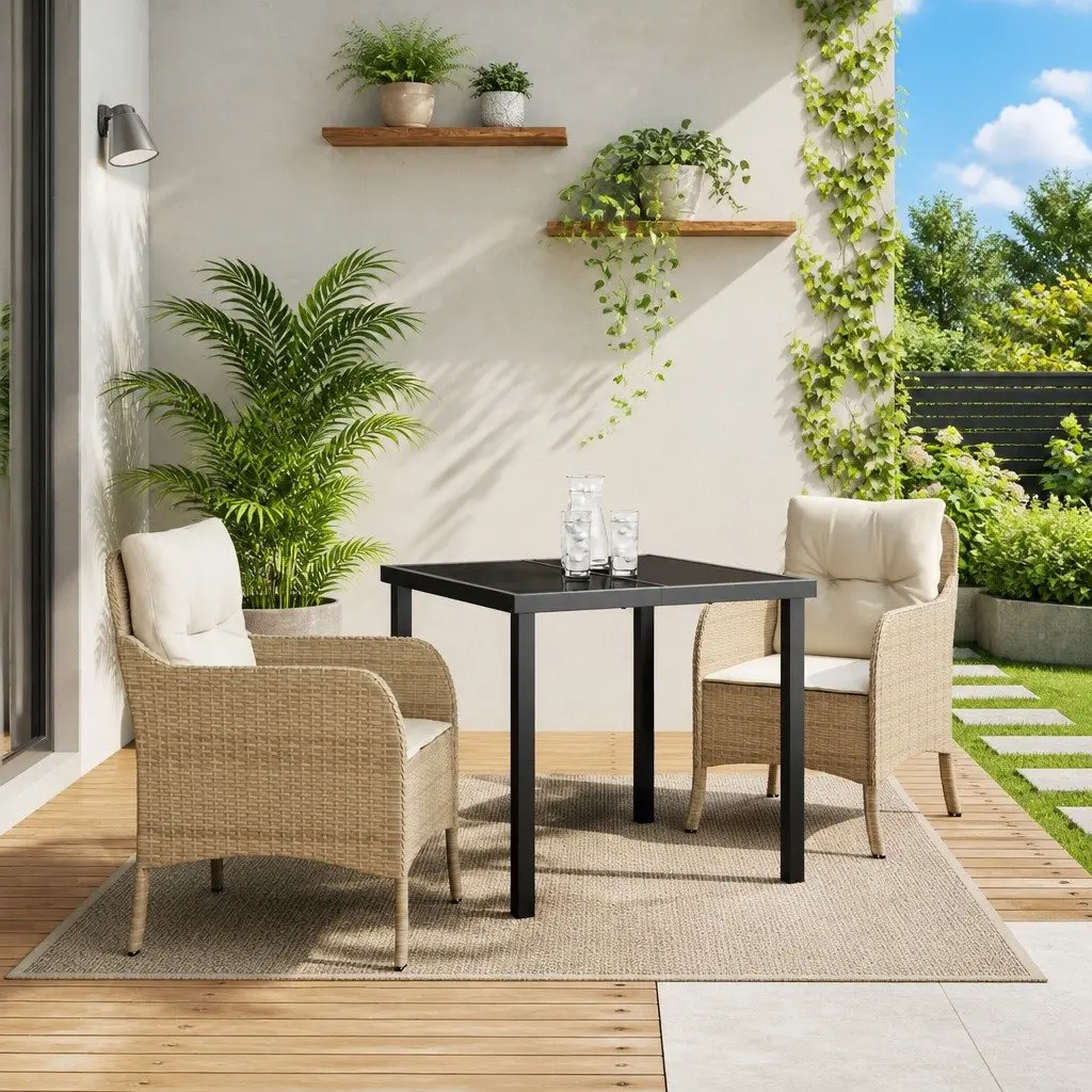 Garden Dining Set 3 Piece Outdoor Furniture Cushions Beige Poly Rattan