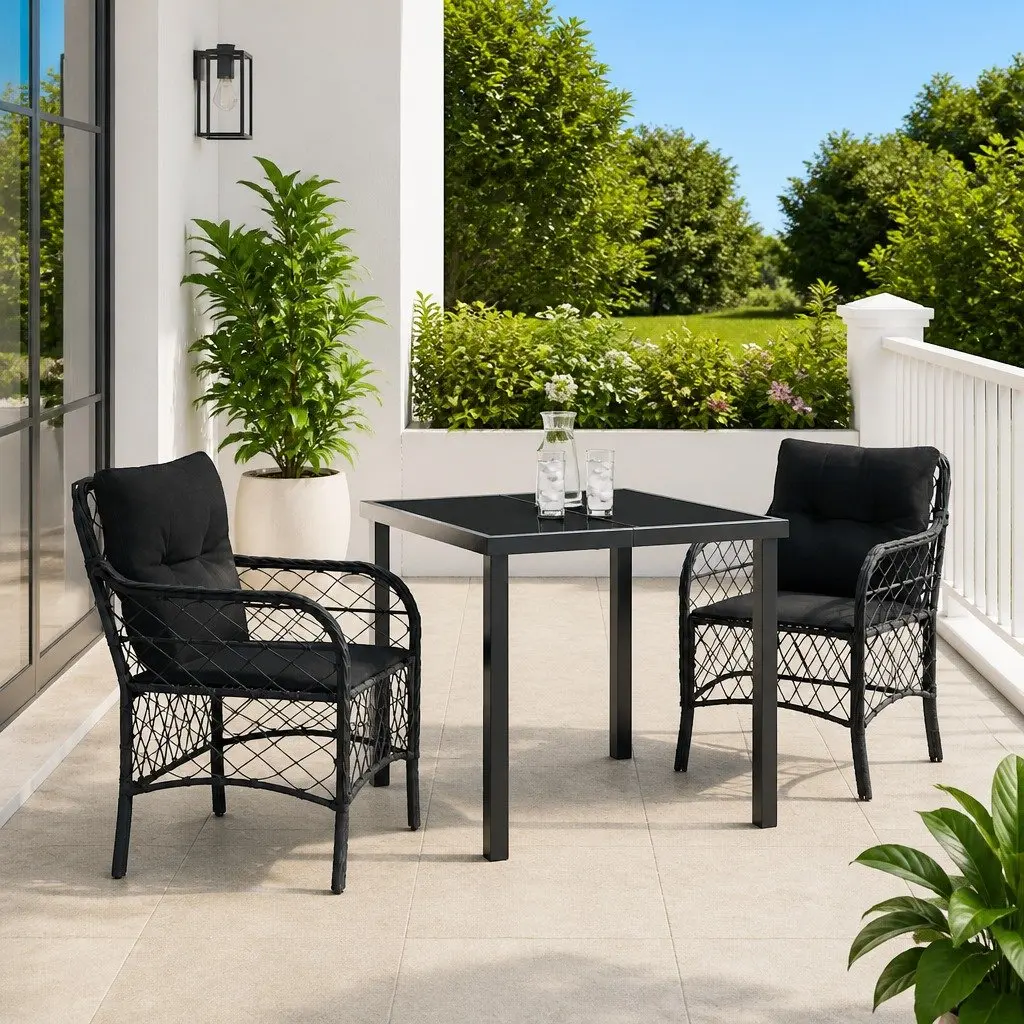 Garden Dining Set 3 Pieces Outdoor Furniture Black Poly Rattan with Cushions