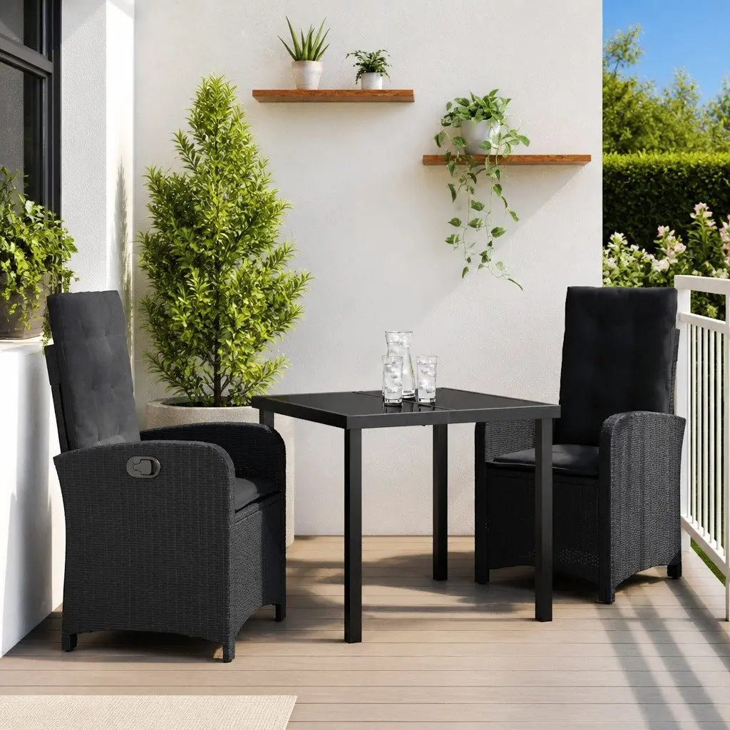 Garden Dining Set 3 Piece Outdoor Furniture Black Poly Rattan Chairs Table
