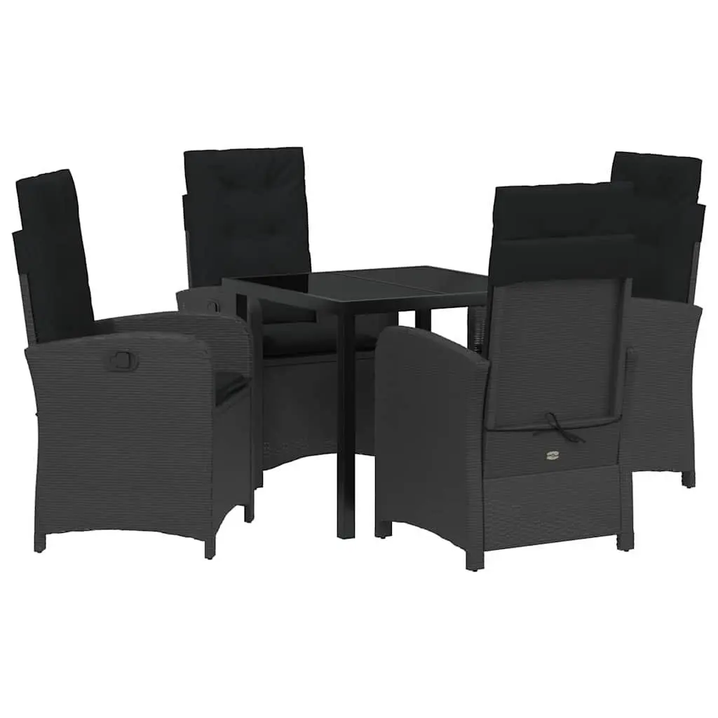 Outdoor Dining Set 5 Pieces Black Poly Rattan Cushioned Seating Glass Table