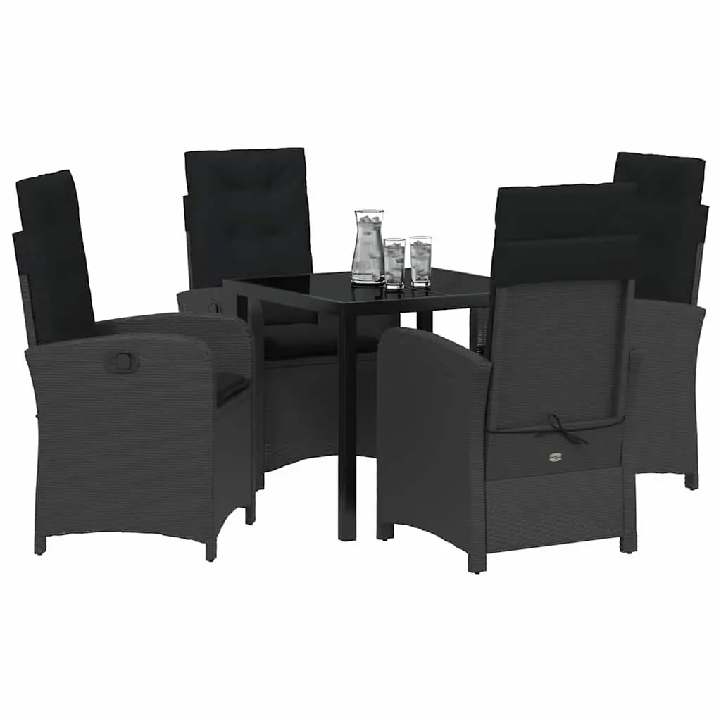 Outdoor Dining Set 5 Pieces Black Poly Rattan Cushioned Seating Glass Table