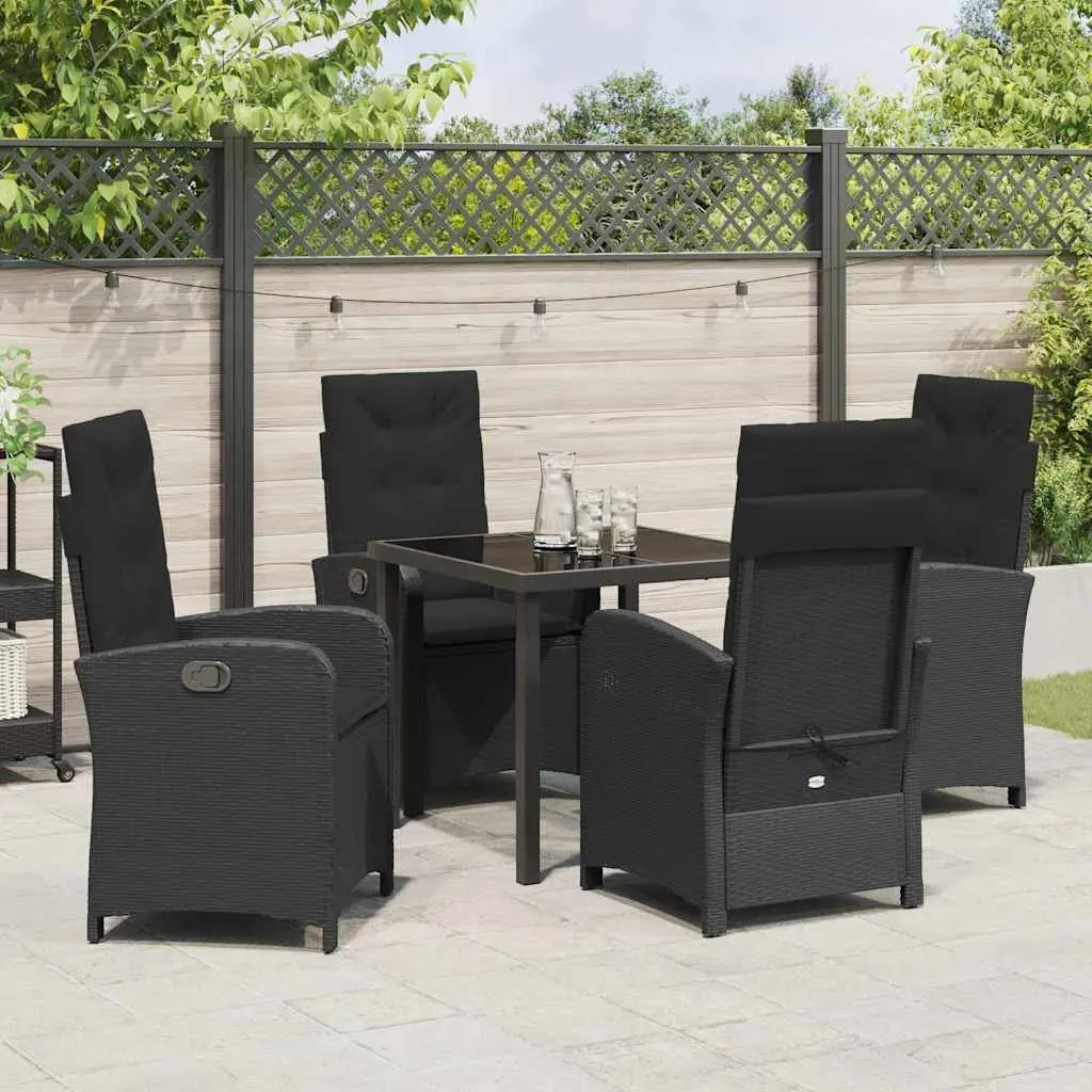 Outdoor Dining Set 5 Pieces Black Poly Rattan Cushioned Seating Glass Table