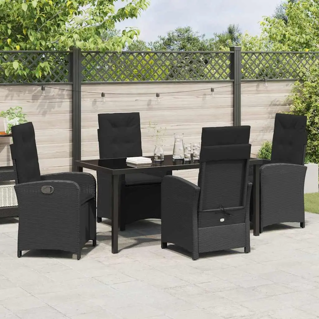 Outdoor Dining Set 5 Pieces Black Poly Rattan with Cushions Adjustable Backrest and Tempered Glass Top for Relaxed Gatherings