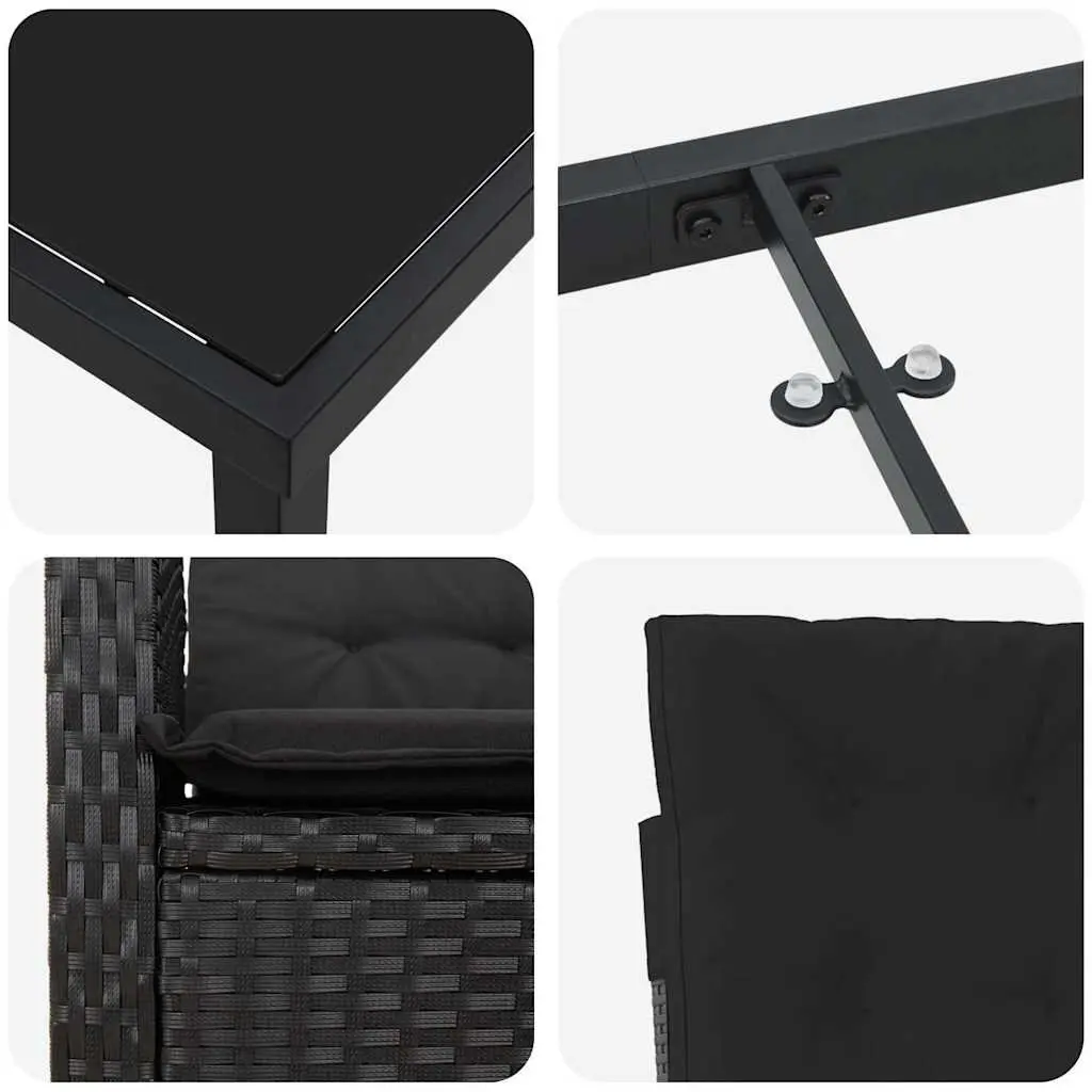 Outdoor Dining Set 5 Pieces Black Poly Rattan with Cushions Adjustable Backrest and Tempered Glass Top for Relaxed Gatherings