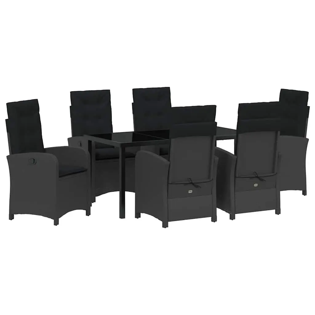 Outdoor Dining Set 7 Pieces Black Poly Rattan Cushioned Glass Table