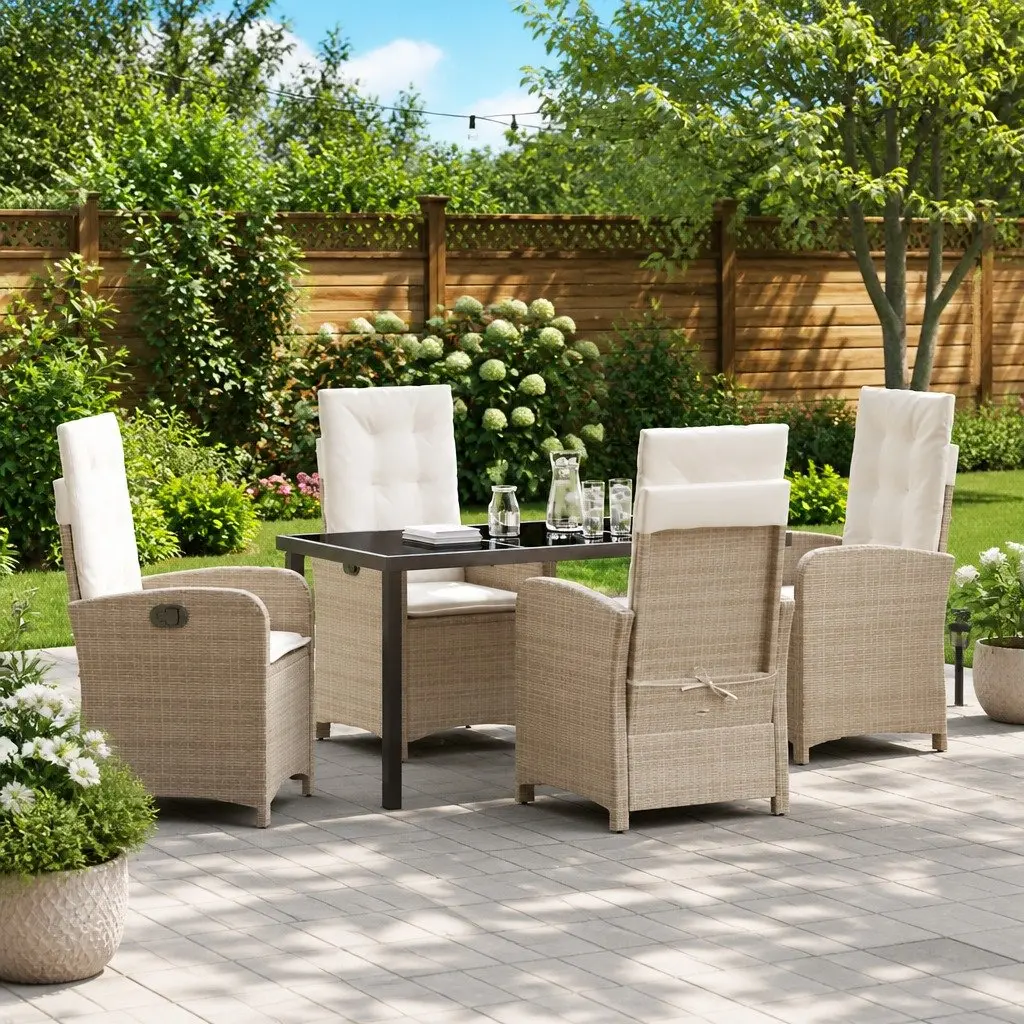 Outdoor Furniture Dining Set 5 Piece Adjustable Chairs Cushions Poly Rattan Beige Glass Top