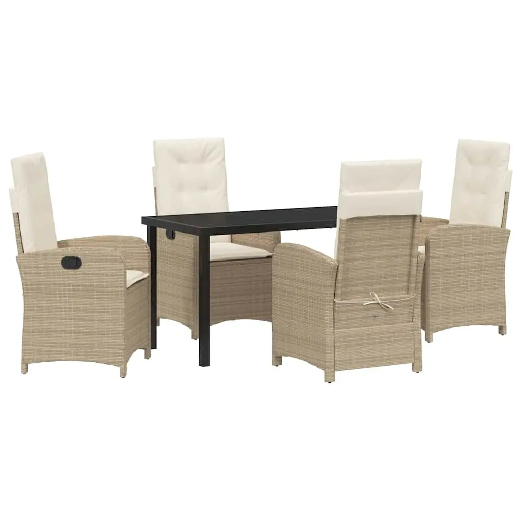 Outdoor Furniture Dining Set 5 Piece Adjustable Chairs Cushions Poly Rattan Beige Glass Top