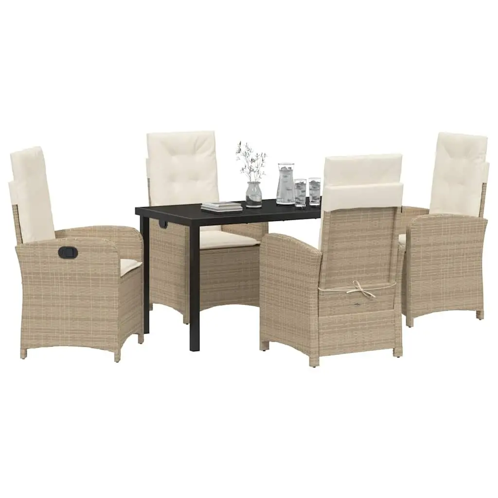 Outdoor Furniture Dining Set 5 Piece Adjustable Chairs Cushions Poly Rattan Beige Glass Top