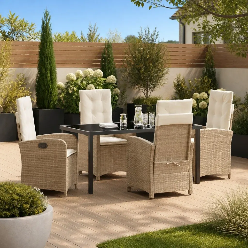 Garden Dining Set 5 Piece Outdoor Furniture Cushions Beige Poly Rattan