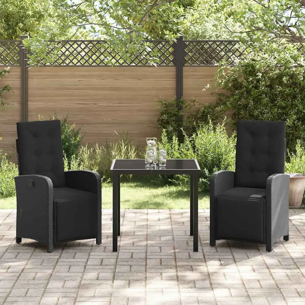 Outdoor Garden Dining Set 3 Piece Black Poly Rattan Glass Top