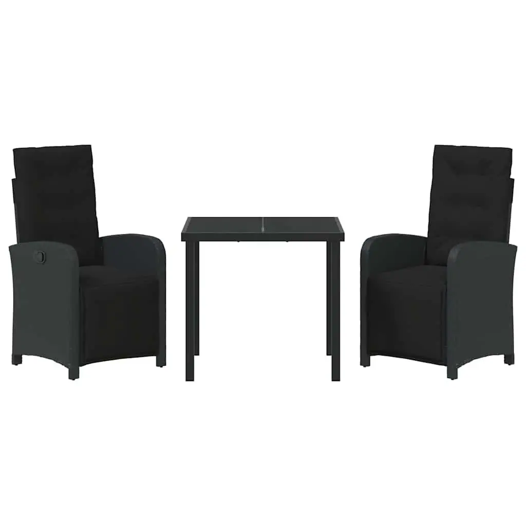 Outdoor Garden Dining Set 3 Piece Black Poly Rattan Glass Top