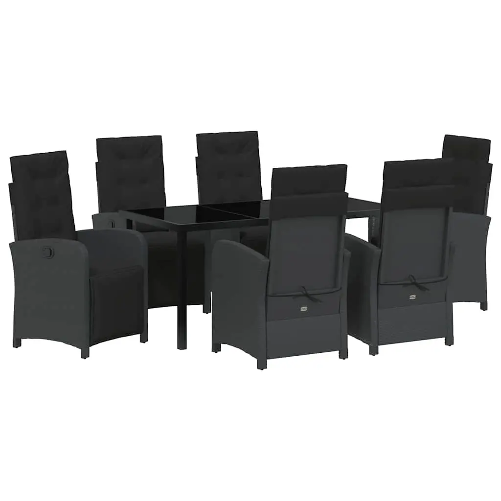7 Piece Garden Dining Set Outdoor Patio Furniture Black Poly Rattan Glass Top
