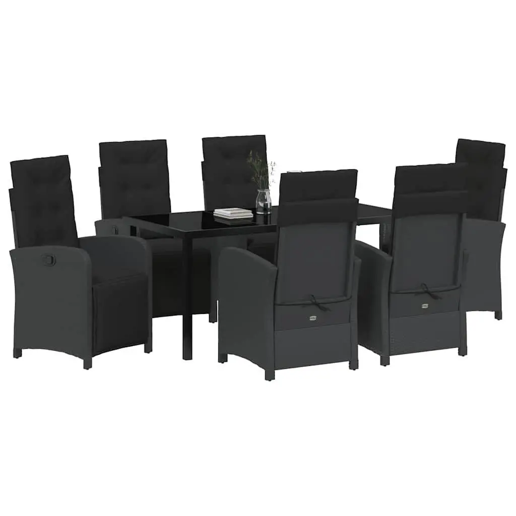 7 Piece Garden Dining Set Outdoor Patio Furniture Black Poly Rattan Glass Top