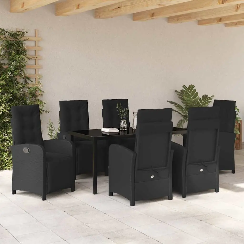 7 Piece Garden Dining Set Outdoor Patio Furniture Black Poly Rattan Glass Top