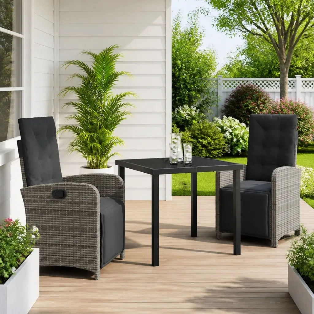 Outdoor Garden Dining Set 3 Piece Grey Poly Rattan Furniture Patio Table Chairs
