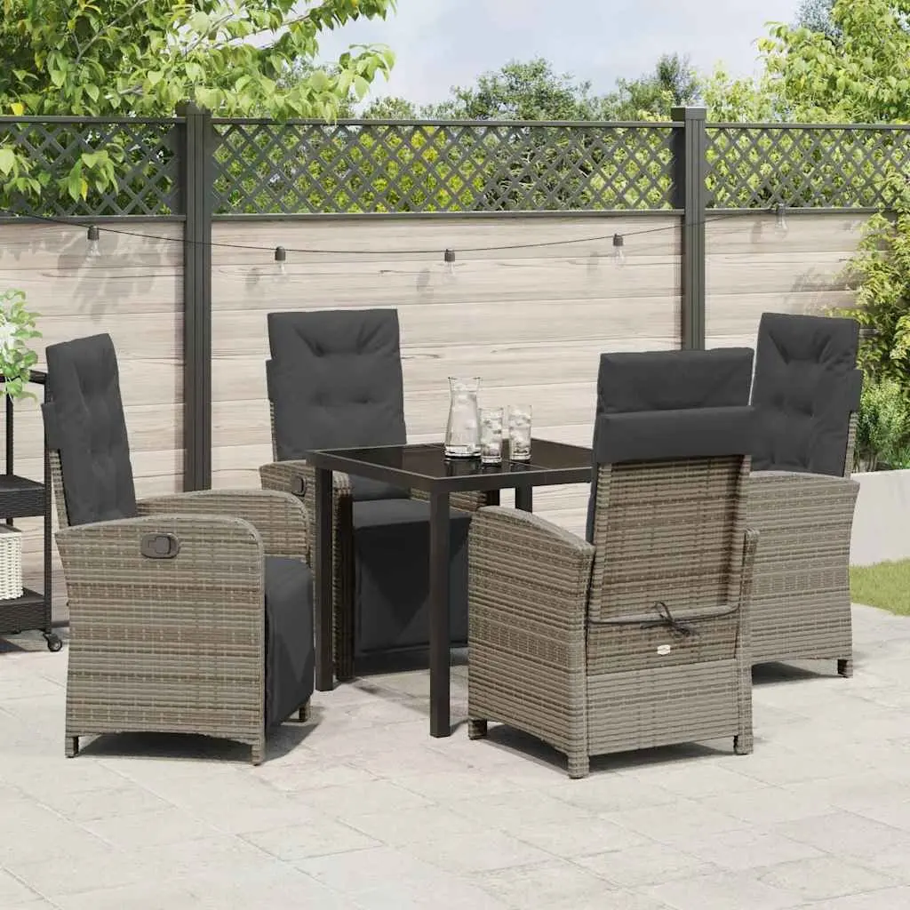 Garden Dining Set 5 Piece Outdoor Furniture Grey Poly Rattan Glass Top with Cushions