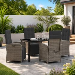 Garden Dining Set 5 Piece Outdoor Furniture Grey Poly Rattan Glass Top Patio
