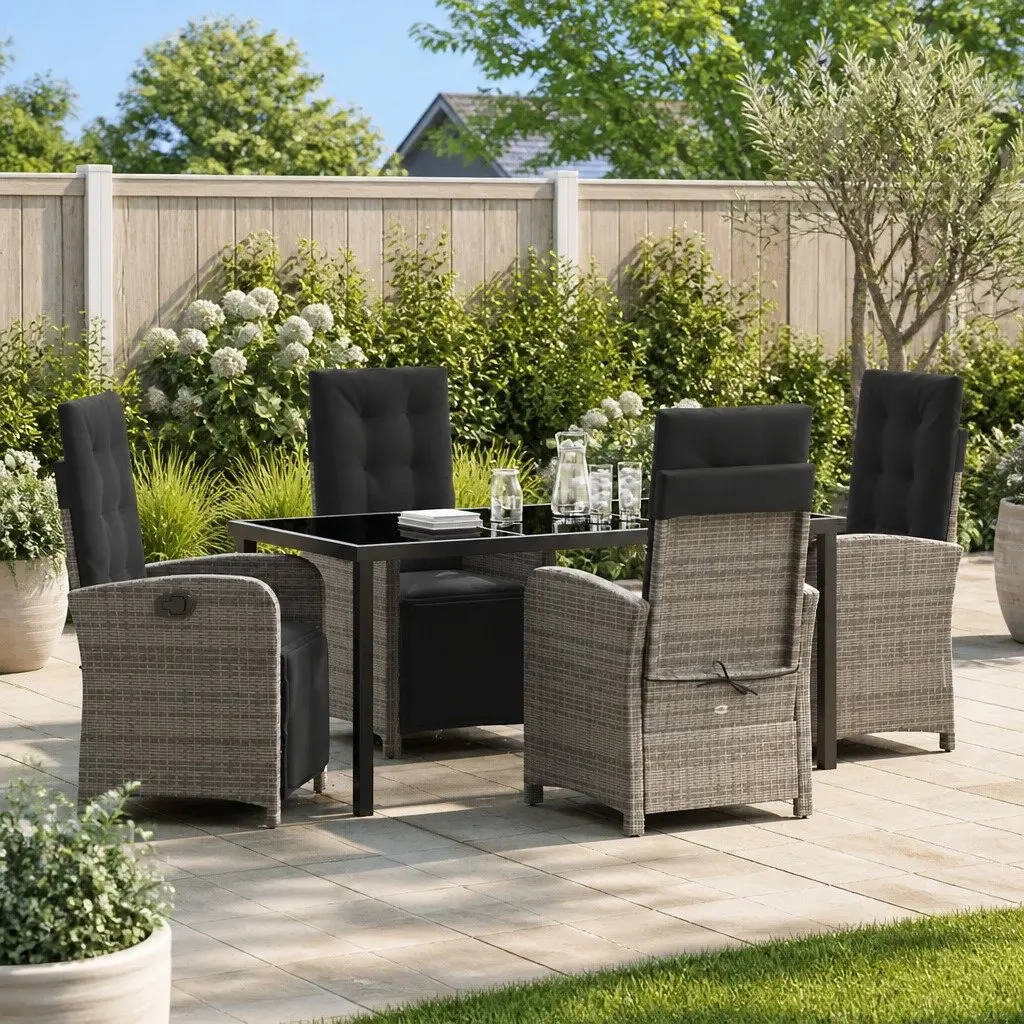 Garden Dining Set 5 Pieces Outdoor Furniture Grey Poly Rattan with Cushions