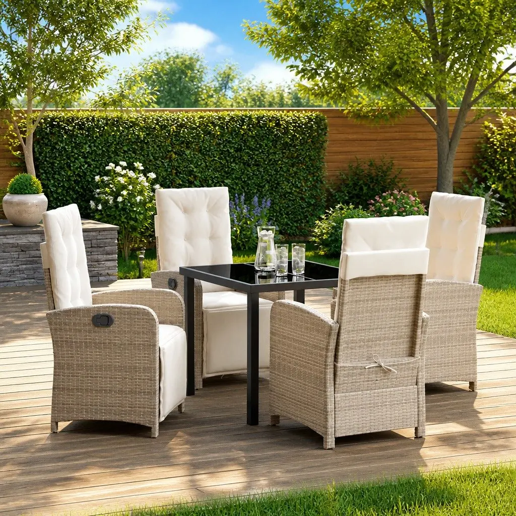 Outdoor Furniture Set 5 Piece Dining Chairs Table Poly Rattan Cushioned Beige