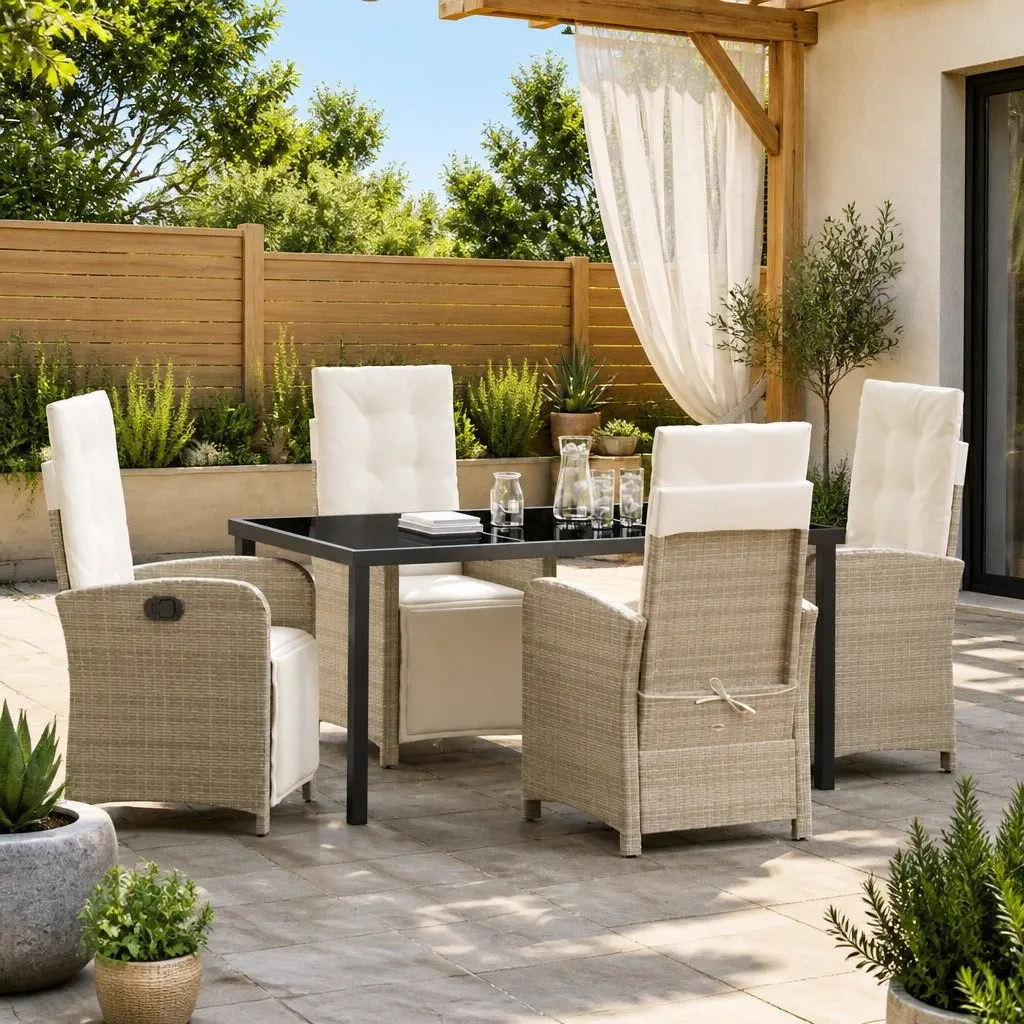Outdoor Dining Set 5 Piece Garden Furniture Poly Rattan Glass Top Beige