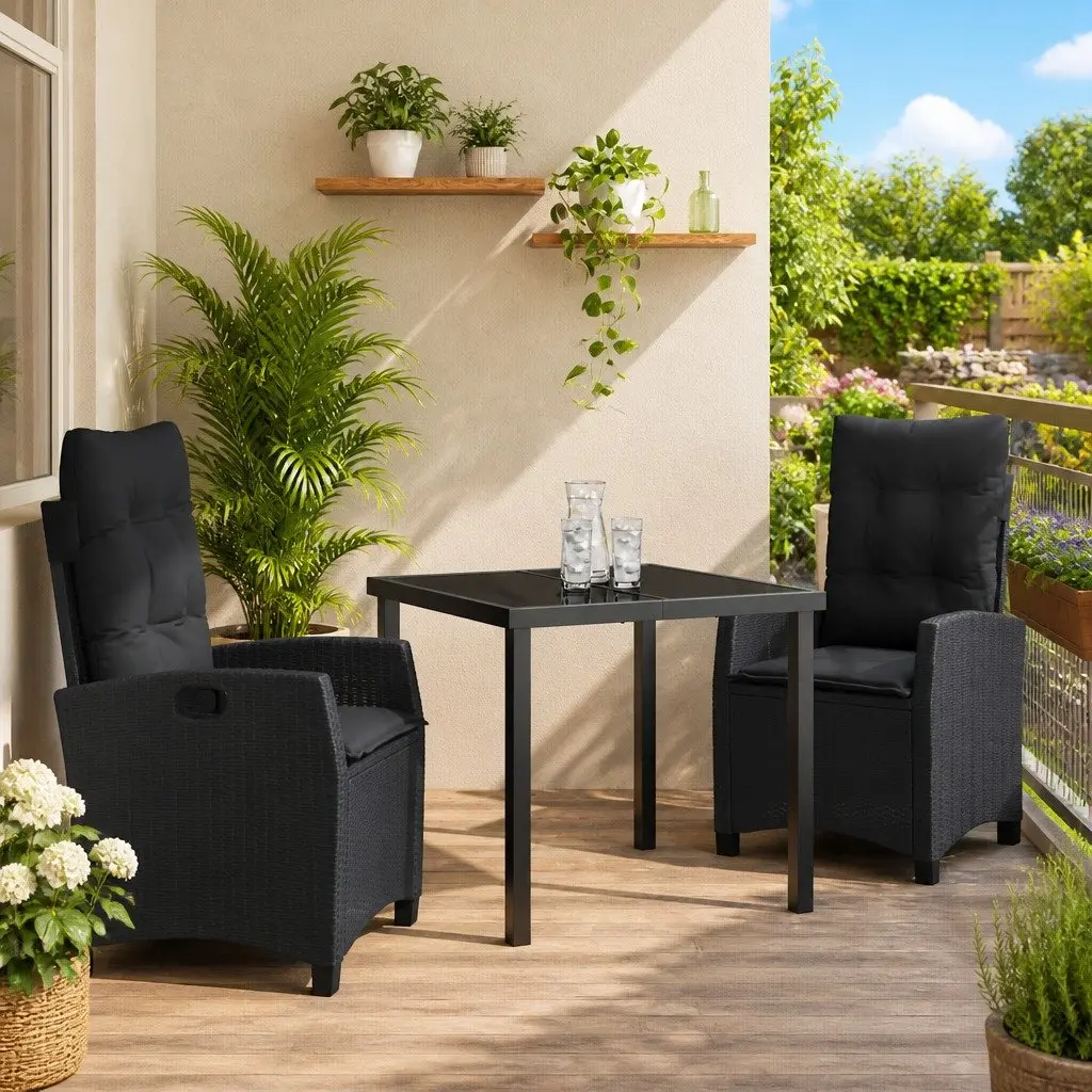 Outdoor Garden Dining Set 3 Piece Black Poly Rattan Patio Furniture