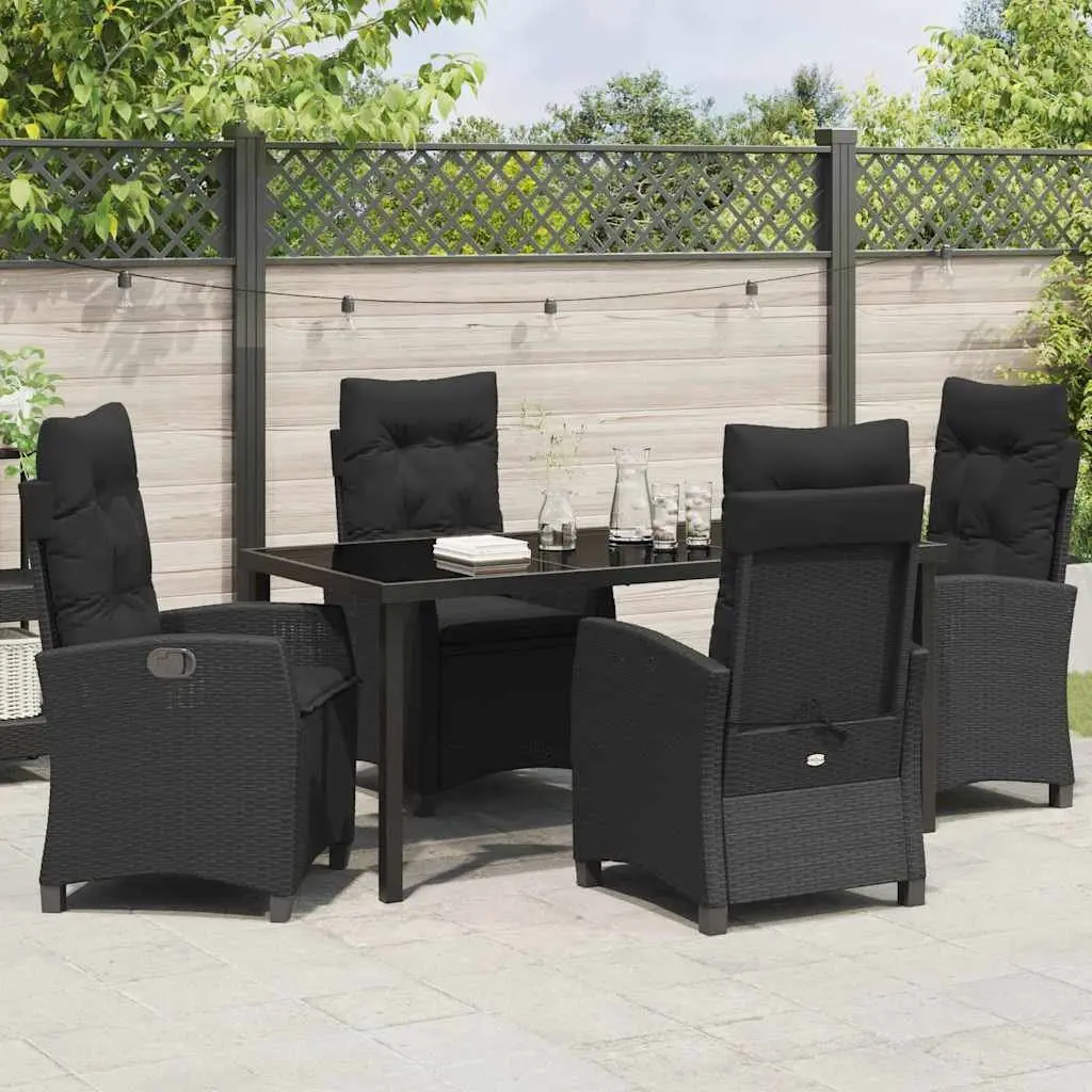 Garden Dining Set Outdoor Patio Furniture 5 Pieces Black Poly Rattan Glass Top