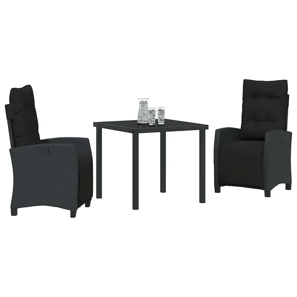 Garden Dining Set 3 Pieces Outdoor Furniture Glass Topped Table Black Poly Rattan Chairs with Armrests and Cushions