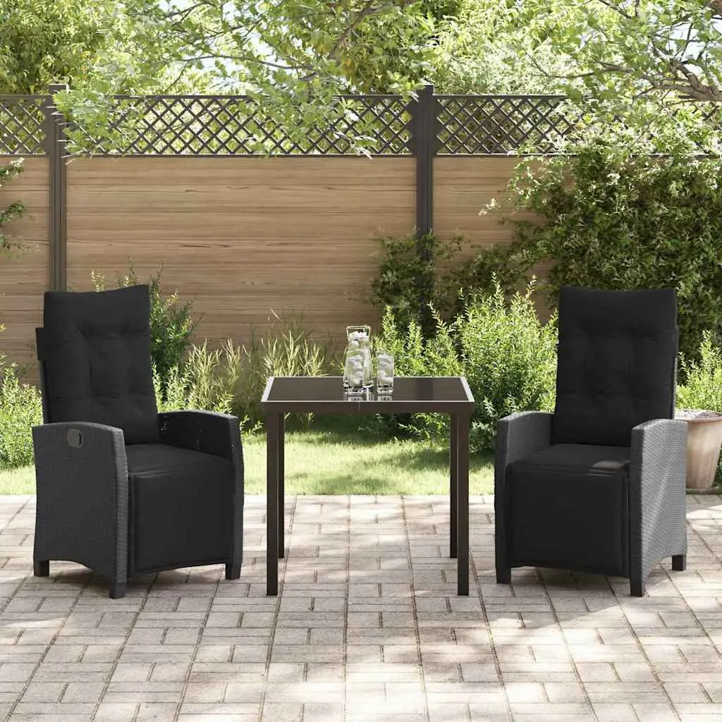 Garden Dining Set 3 Pieces Outdoor Furniture Glass Topped Table Black Poly Rattan Chairs with Armrests and Cushions