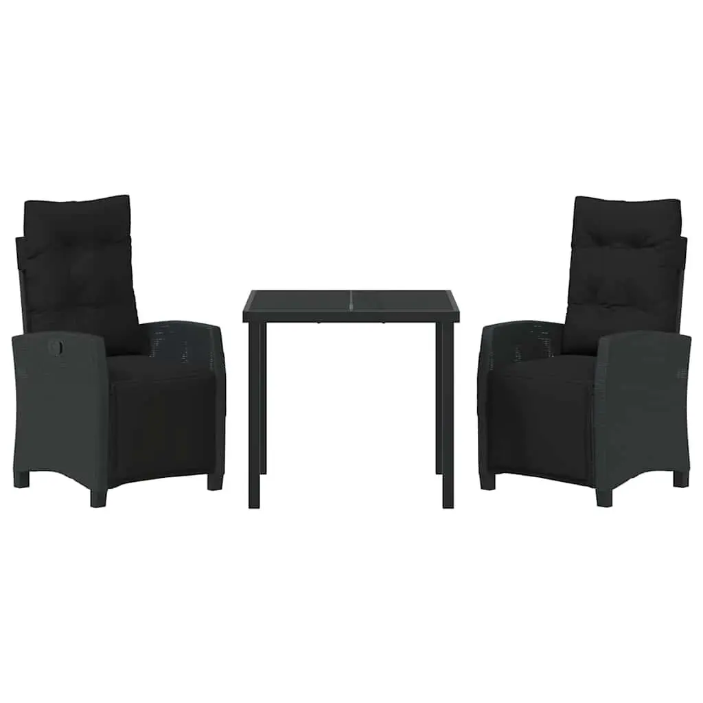 Garden Dining Set 3 Pieces Outdoor Furniture Glass Topped Table Black Poly Rattan Chairs with Armrests and Cushions