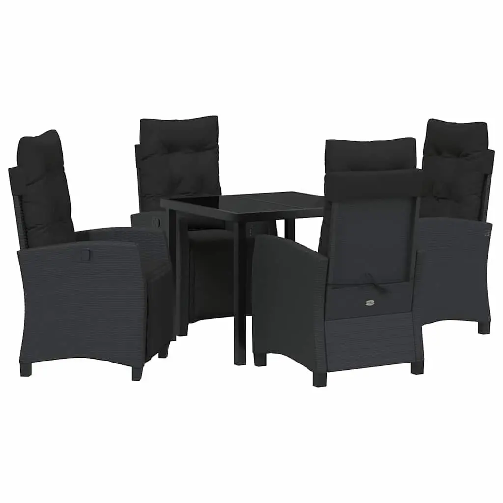 Garden Dining Set 5 Piece Outdoor Furniture Black Poly Rattan Table with Glass Top and Cushioned Chairs