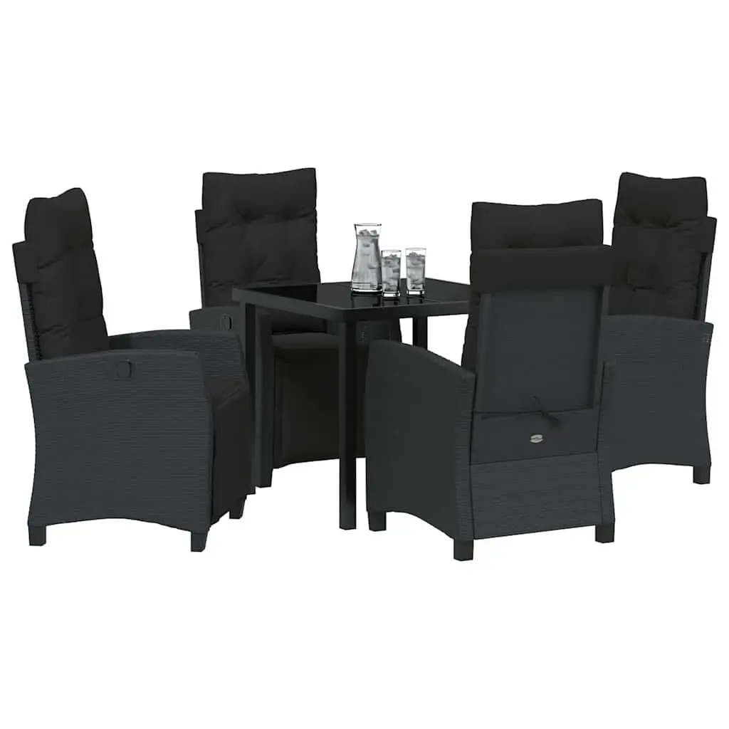 Garden Dining Set 5 Piece Outdoor Furniture Black Poly Rattan Table with Glass Top and Cushioned Chairs