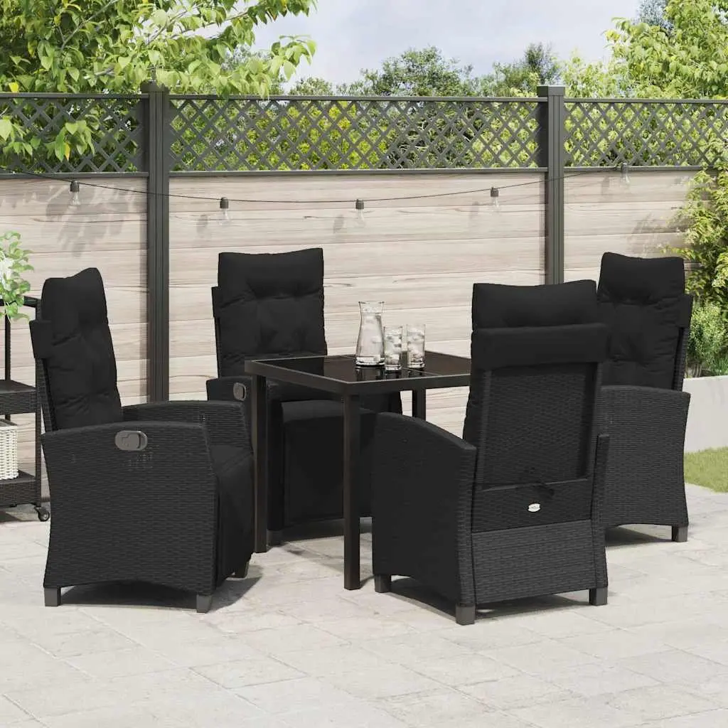 Garden Dining Set 5 Piece Outdoor Furniture Black Poly Rattan Table with Glass Top and Cushioned Chairs