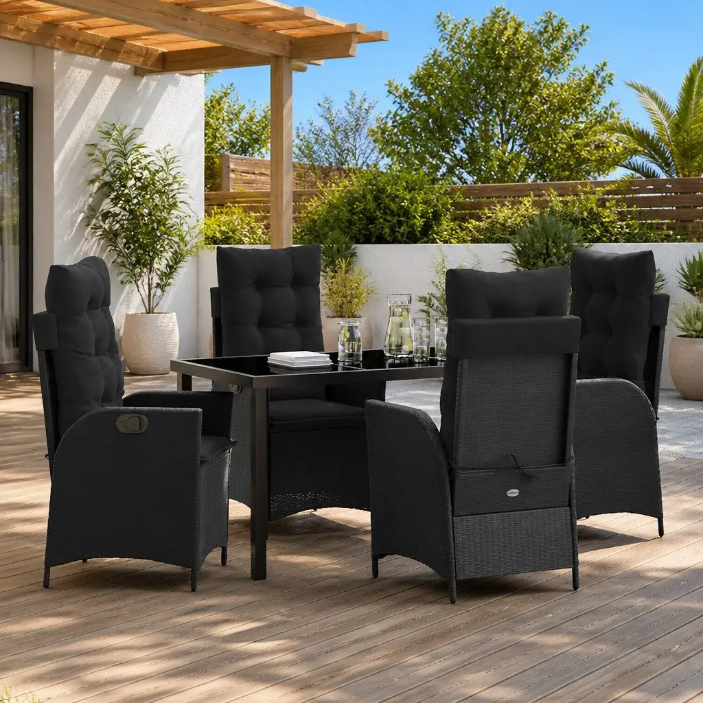 Outdoor Dining Set 5 Piece Garden Patio Furniture Black Poly Rattan with Glass Tabletop
