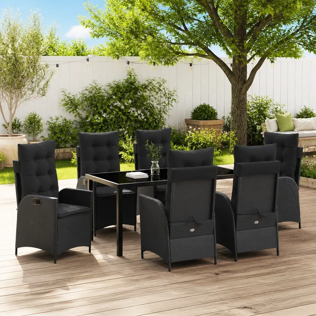 Garden Dining Set 7 Pieces Outdoor Furniture Black Poly Rattan Glass Top
