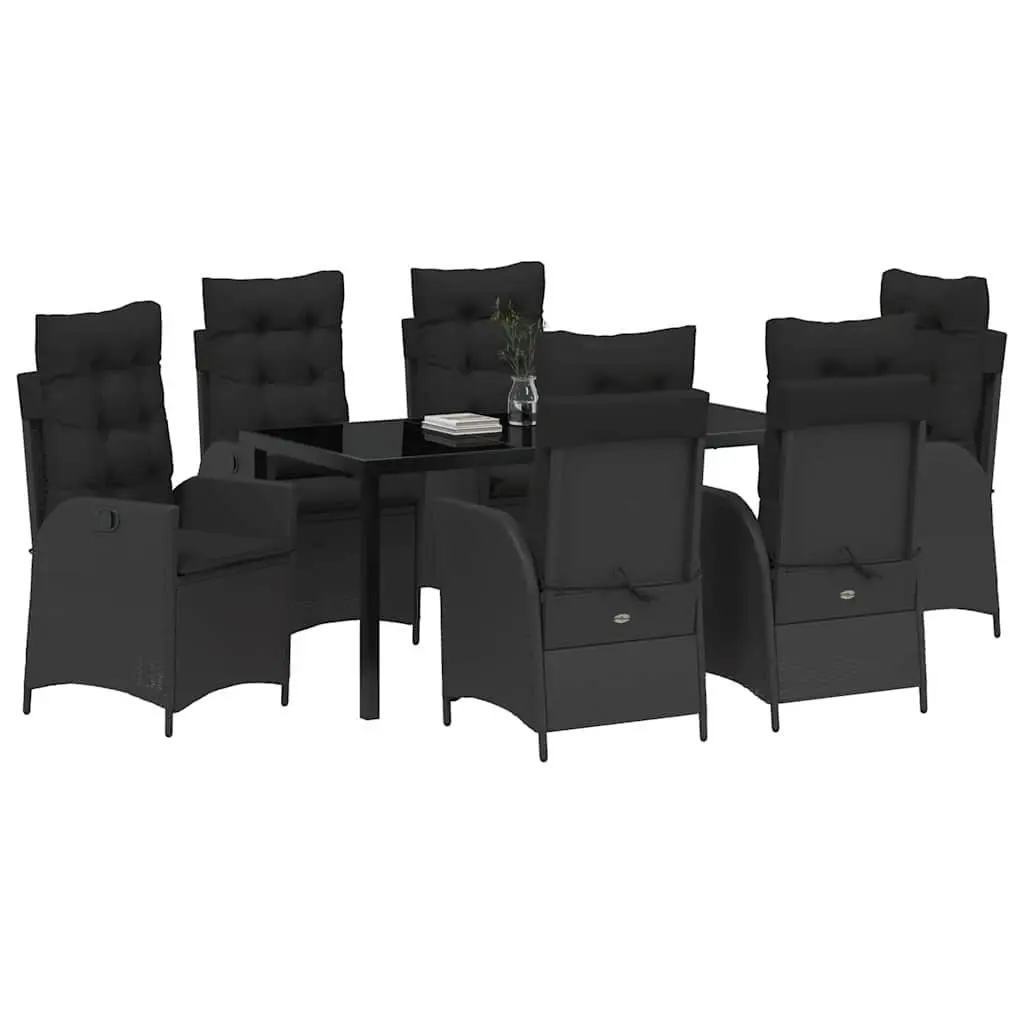 Garden Dining Set 7 Pieces Outdoor Furniture Black Poly Rattan Glass Top