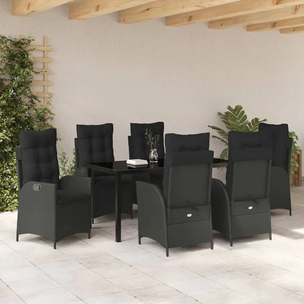 Garden Dining Set 7 Pieces Outdoor Furniture Black Poly Rattan Glass Top
